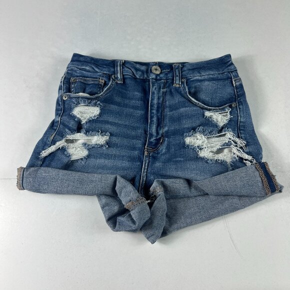 American Eagle Short Women 26* Curvy Hi Rise Shortie Blue Distressed Denim Tag 6 - Picture 1 of 16